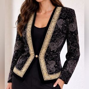 Vintage Scott McClintock Black Velvet Embroidered Jacket Gold Trim Size 10